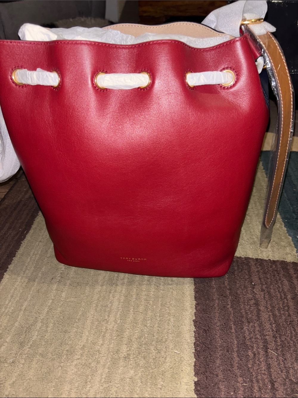 Tory Burch Red and Blue  Drawstring Bucket Bag
